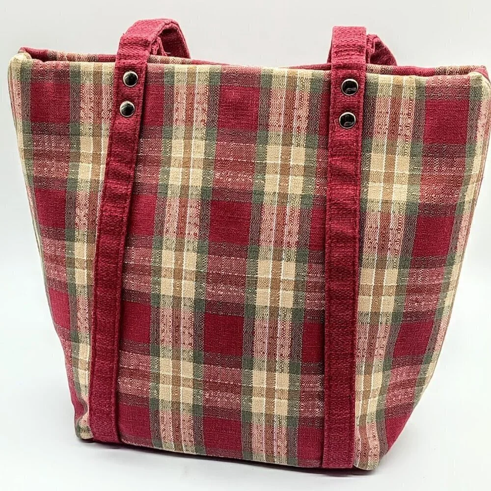 Longaberger Red Green Tan Plaid Fabric Tote Bag